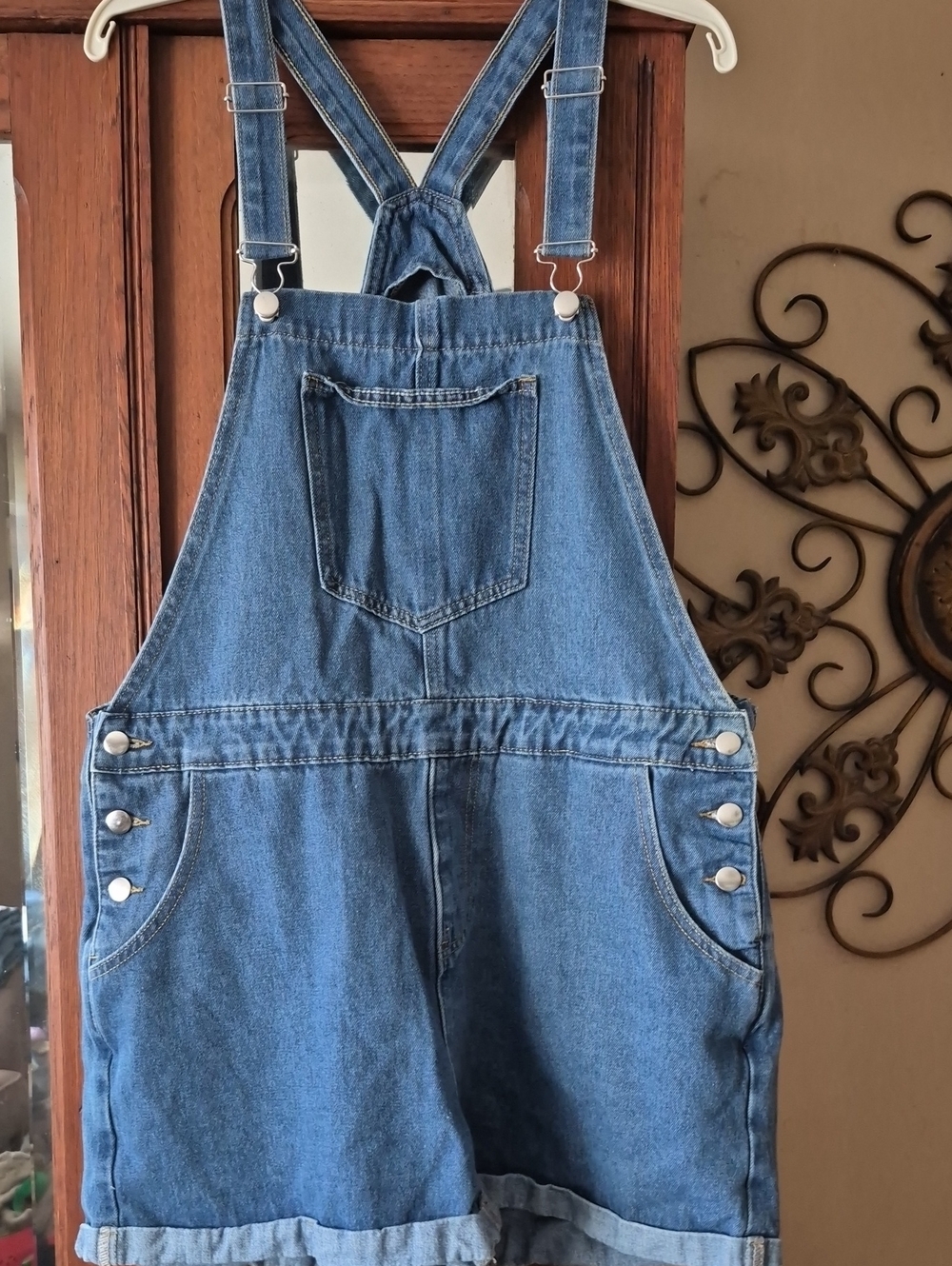 SHEIN Blue Denim Short Overalls with Bib Pocket